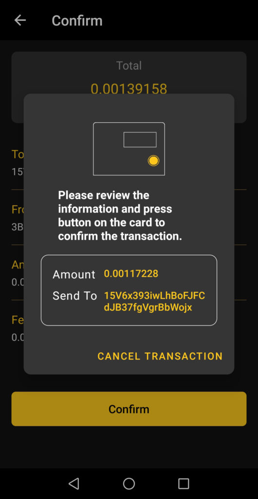 CoolWallet Pro - Sending Bitcoin Confirmation - Sending Bitcoin Confirming On Hardware Wallet