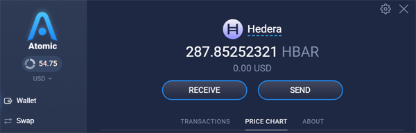 Atomic wallet showing HBAR cryptocurrency balance