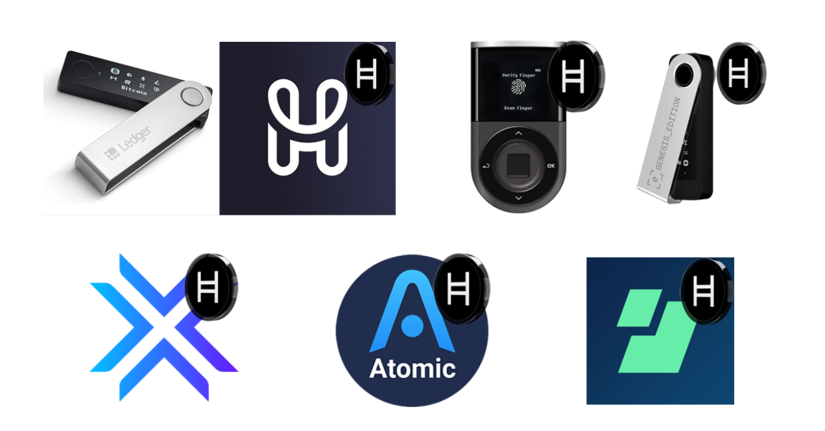 Collage of top Hedera Hashgraph HBAR wallet logos for 2025, including Ledger, D’CENT, HashPack, and more.