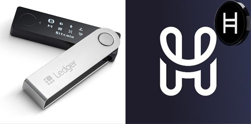 Ledger Nano X and HashPack logos with Hedera HBAR branding – most secure setup for staking and secure HBAR storage in 2025.