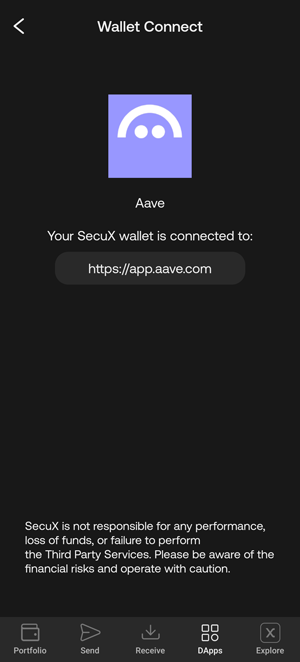 SecuX V20 hardware wallet connected to Aave DeFi protocol