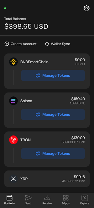 SecuX app showing wallets with balances