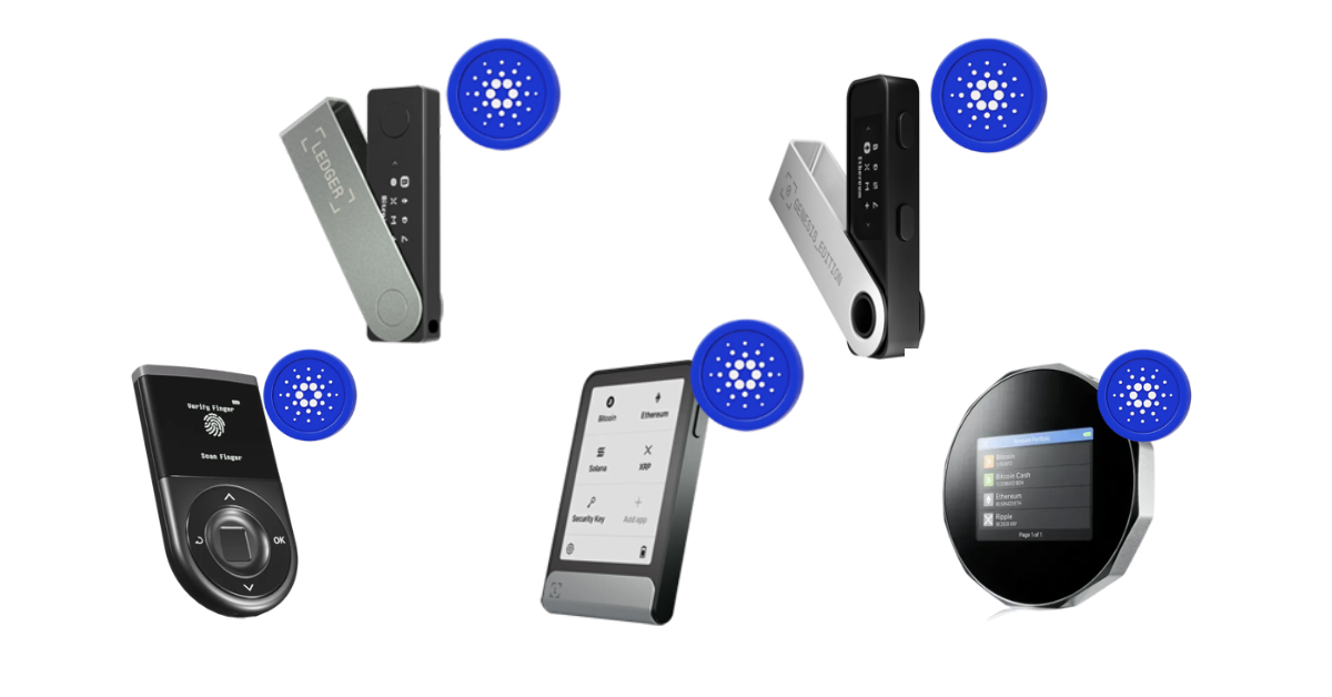 Best Cardano hardware wallets – Ledger Nano X, Nano S Plus, Ledger Flex, SecuX V20, and D’CENT shown for ADA storage and staking in 2025