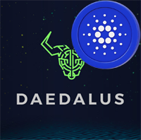 Daedalus wallet logo with Cardano ADA overlay representing full-node staking and desktop decentralization