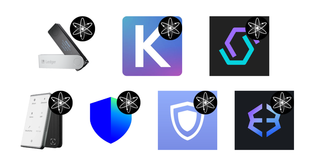 Logos of the best Cosmos (ATOM) wallets for staking and security in 2025 – Ledger, Keplr, Cosmostation, Trust Wallet, Exodus, and Guarda with Cosmos symbols.