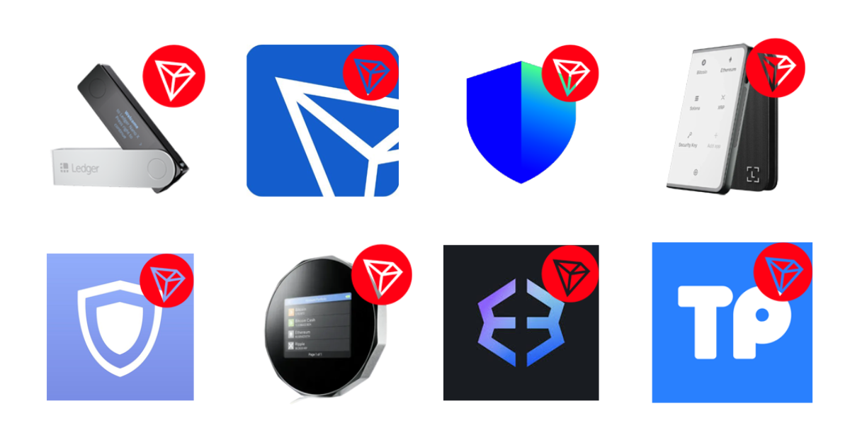 Logos of top TRX wallets for 2025, including hardware and software options for secure Tron staking, NFTs, and dApp access.
