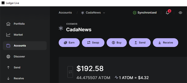 Cosmos account in Ledger Live showing ATOM balancel buy, swap and ATOM staking features