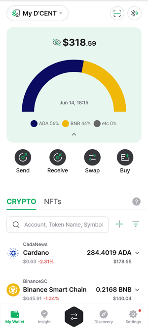 Screenshot of D’CENT wallet app showing crypto portfolio overview and token balances