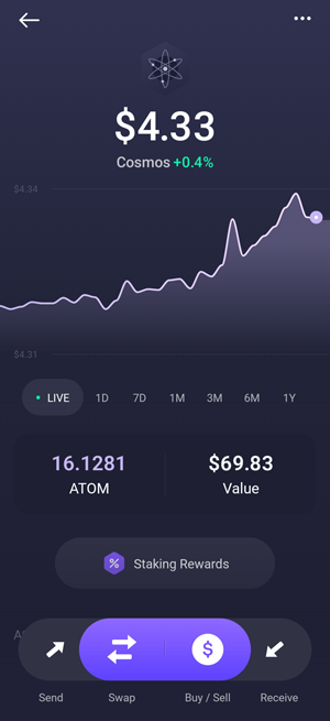 Exodus wallet showing ATOM balance; buy, swap and stake ATOM  features