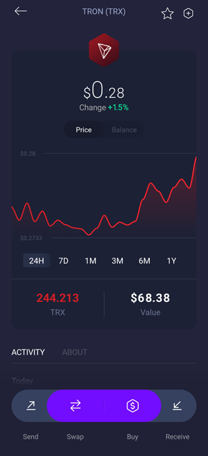 Exodus wallet showing Tron TRX cryptocurrency balance; buy and swap TRX features.