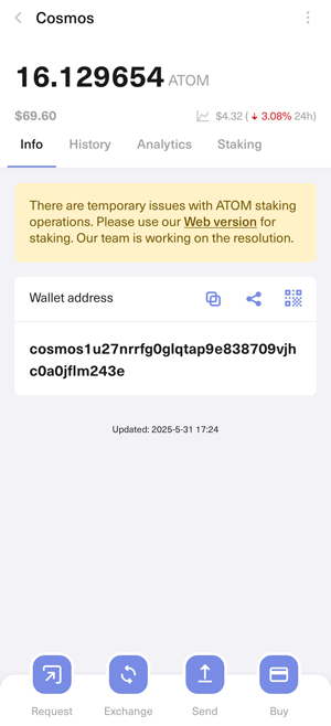 Guarda wallet showing ATOM balancel buying, swapping and staking ATOM features