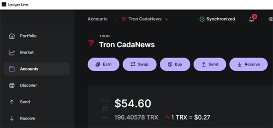 Ledger Live Tron account showing TRX cryptocurrency Balance