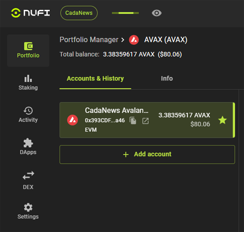 Nufi Wallet showing AVAX cryptocurrency balance