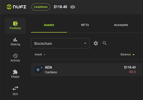 NuFi wallet interface showing Cardano ADA balance with tabs for staking, dApps, and DEX features