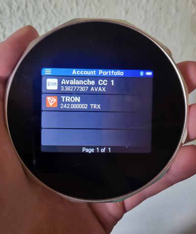 SecuX V20 hardware wallet device showing Tron (TRX) cryptocurrency balance