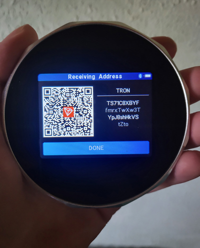 SecuX V20 hardware wallet device showing Tron TRX cryptocurrency receiving address and QR Code
