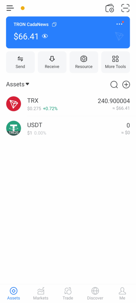 TokenPocket wallet showing Tron (TRX) cryptocurrency balance