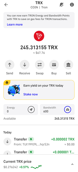 Trust Wallet showing TRX cryptocurrency balance, buy, swap and Tron staking features
