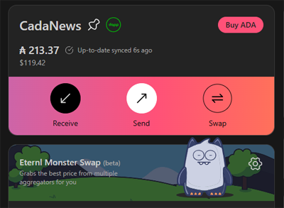 Eternl wallet showing ADA balance