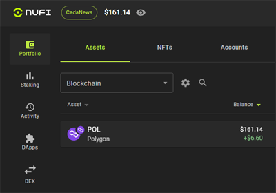 Nufi wallet showing POL cryptocurrency balance