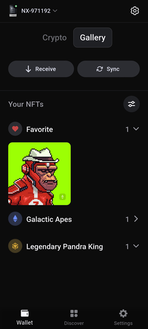 SecuX Wallet app Gallery tab displaying NFTs on Ethereum and BNB Chain.