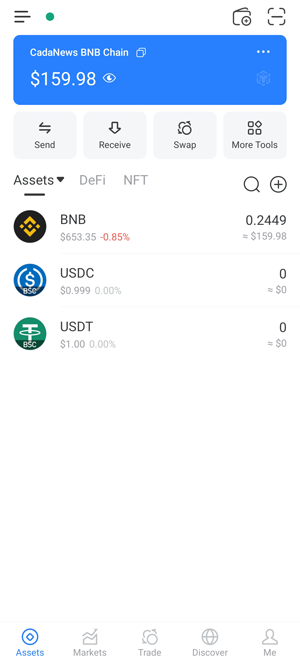TokenPocket wallet for BNB Chain showing BNB cryptocurrency balance