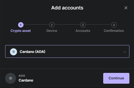 Adding a new Cardano (ADA) account in Ledger Live wallet interface.