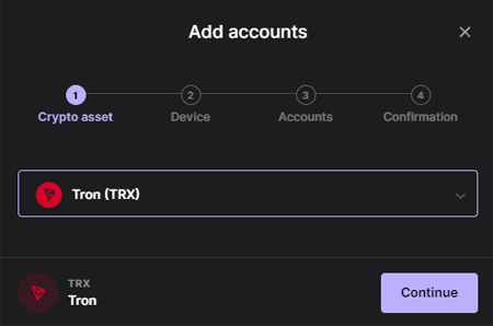 Adding a Tron (TRX) account in Ledger Live to manage and stake TRX.
