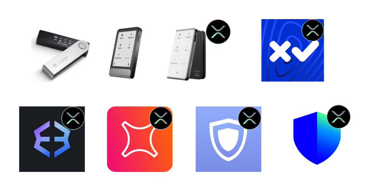 Ledger Nano X, Stax, and Flex hardware wallets alongside logos of Xaman, Exodus, Crossmark, Guarda, and Trust Wallet – top XRP wallets in 2026