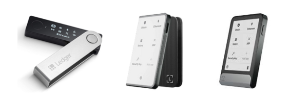 Ledger Nano X, Ledger Stax, and Ledger Flex hardware wallets side by side - best cold wallets to stake Cardano (ADA) in 2025.