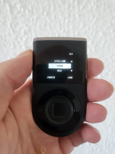 D'CENT hardware wallet displaying Tron app