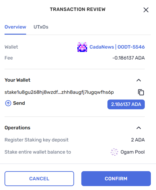 Yoroi delegation confirmation window showing the option to confirm staking all ADA.