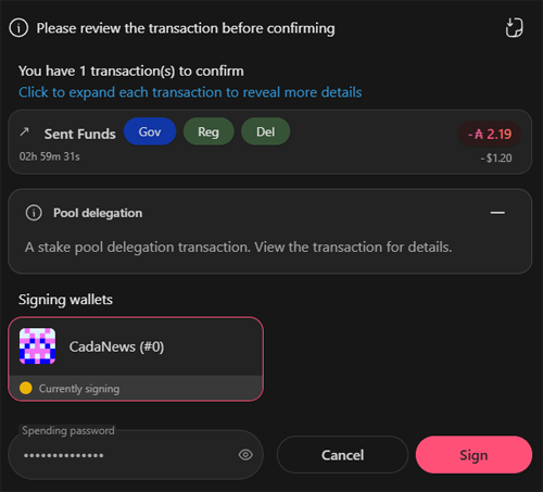 Eternl wallet staking confirmation screen showing the spending password field and Sign button.