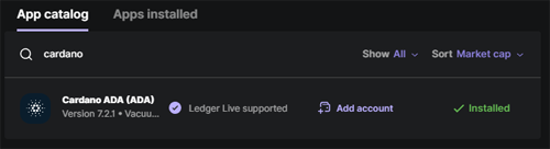 Ledger Live interface with Cardano (ADA) app successfully installed on a Ledger hardware wallet.