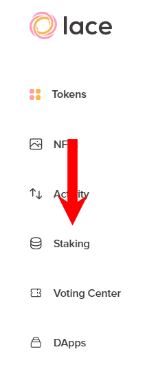 Lace wallet interface with red arrow pointing to the Staking tab in the menu.