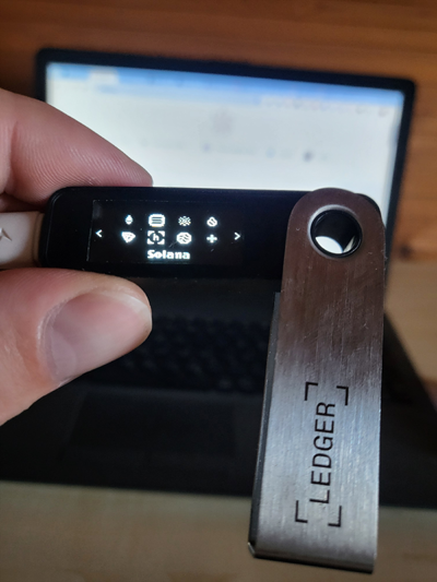 Ledger Nano S Plus hardware wallet displaying Solana app