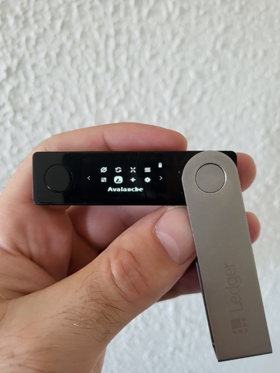 Ledger Nano X hardware wallet displaying Avalanche app