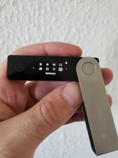 Ledger Nano X hardware wallet displaying Solana app