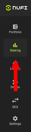 NuFi wallet interface with the Staking tab highlighted in the main menu.