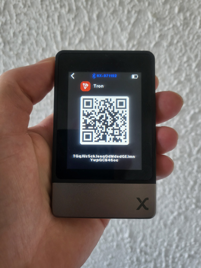 SecuX Neo X hardware wallet displaying Tron app