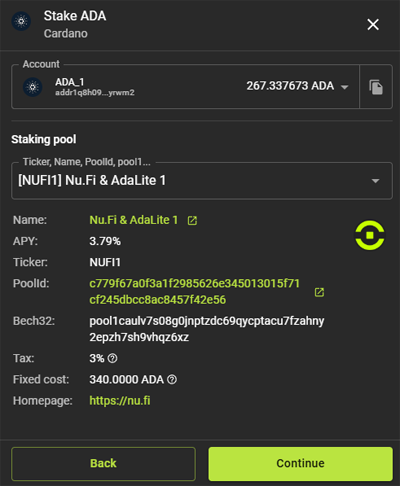 Review the NuFi pool details or use the dropdown menu to select a different stake pool.