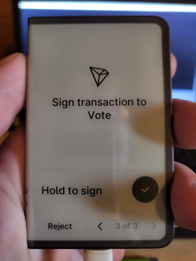 Ledger Stax screen displaying transaction signing to vote for a TRON Super Representative.