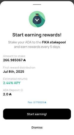 VESPR wallet staking screen showing stake pool details and the Start Earning button.
