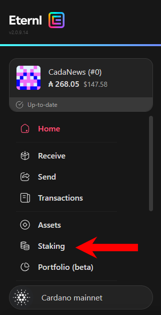 Eternl wallet dashboard with red arrow pointing to the Staking tab in the menu.