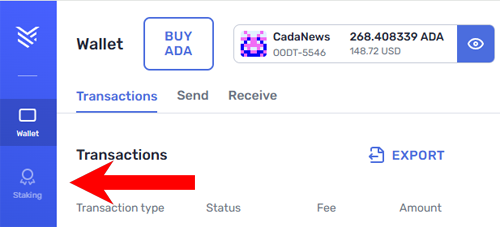 Yoroi dashboard with red arrow pointing to the Staking tab to open the delegation screen.