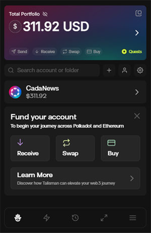 Talisman wallet showing DOT balance; buy, swap and stake DOT features
