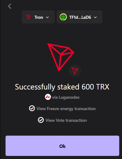 Tron (TRX) successfully staked in Ledger Live with staking status displayed.