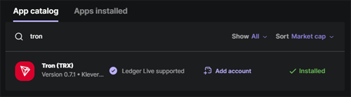 Tron (TRX) app installed in Ledger Live interface on desktop.
