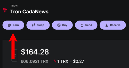 Ledger Live interface showing the Tron (TRX) account with the Earn tab selected for staking.