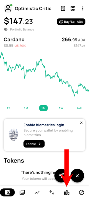 VESPR wallet interface with red arrow pointing to the Staking tab in the bottom right corner.